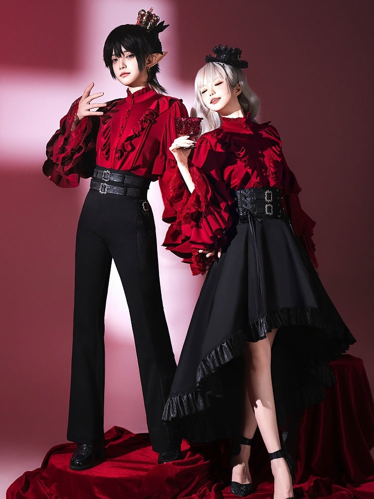 Vampire Sleeves Wine Ouji Long Lolita Shirt Red Neckline Ruffle