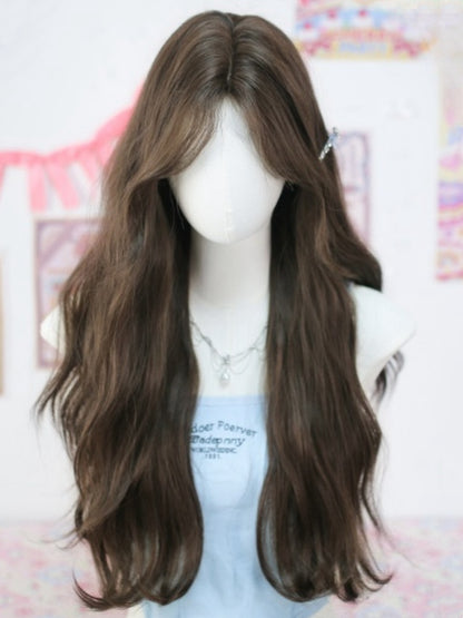 Braune, hüftlange, gewellte Perücke mit Vorhangpony, 65 cm