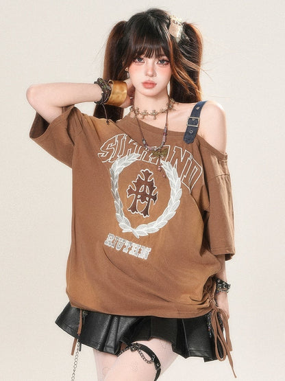 T-shirt Letter Asymmetrical Strap Print Neckline Glamorous Buckle Brown