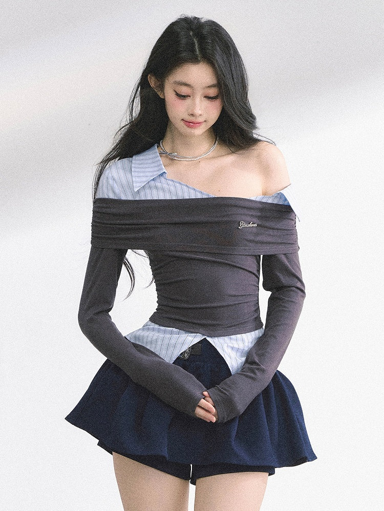 グレーとブルーのストライプ柄のツーピース、アシンメトリーネックラインのフェイクトップス