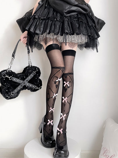 Black and Pink Bow Semi-sheer Over Knee Stockings