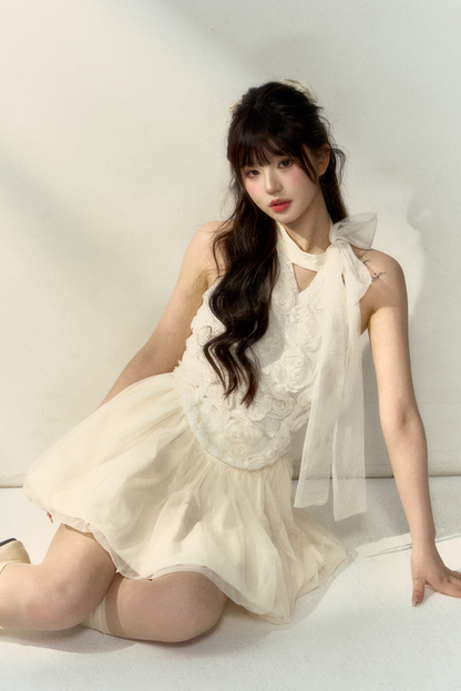 ロング丈＆スイートなノースリーブショートフラワーフレンチスカートバルーントップ