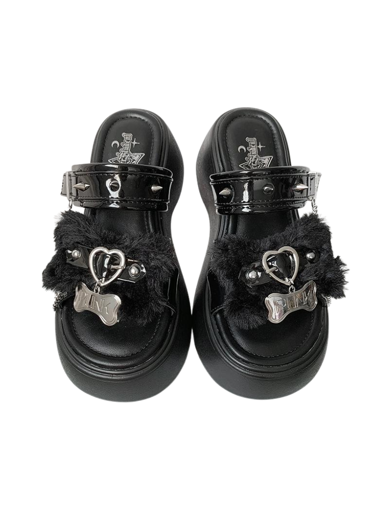 Rivet Sandal Chain Flat Platform Punk Fur