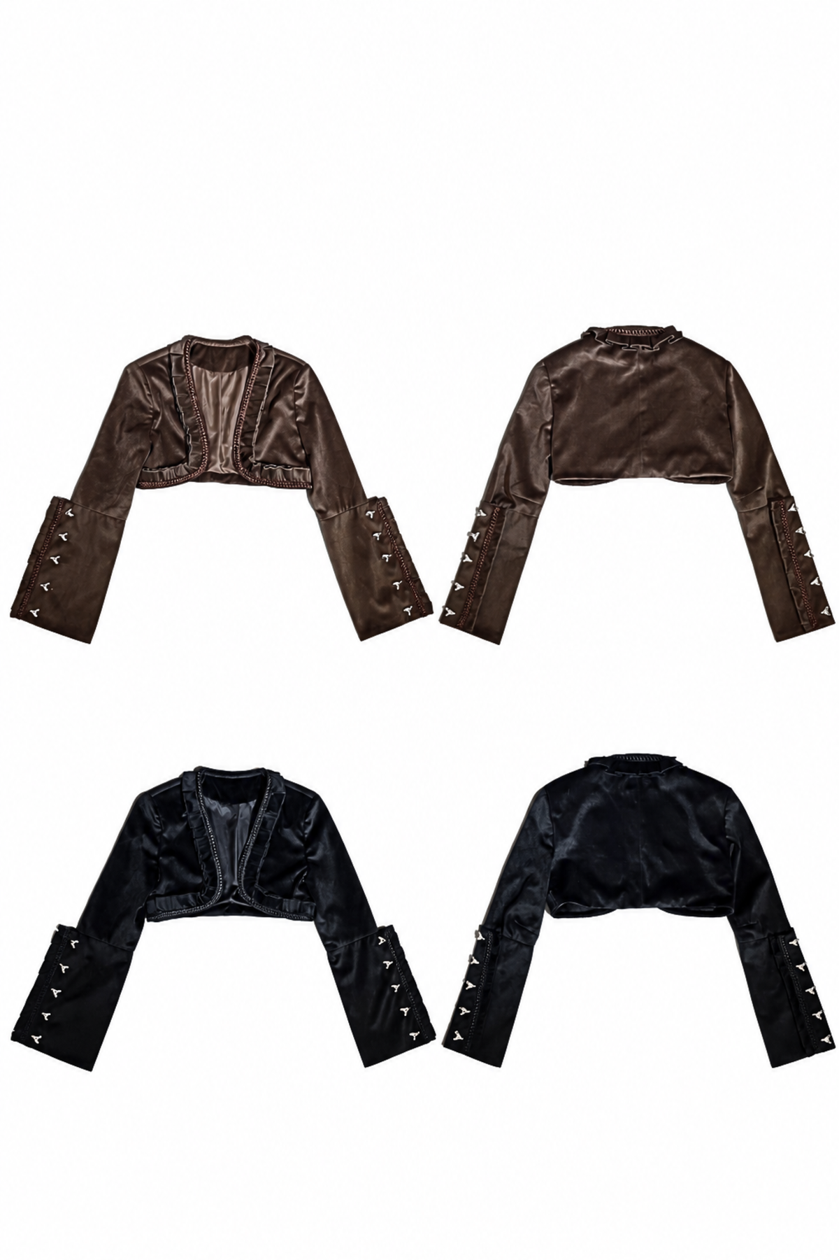 Steampunk Brown x Gothic Black Velvet Ruffle Heart Motif Cuff Cropped Jacket