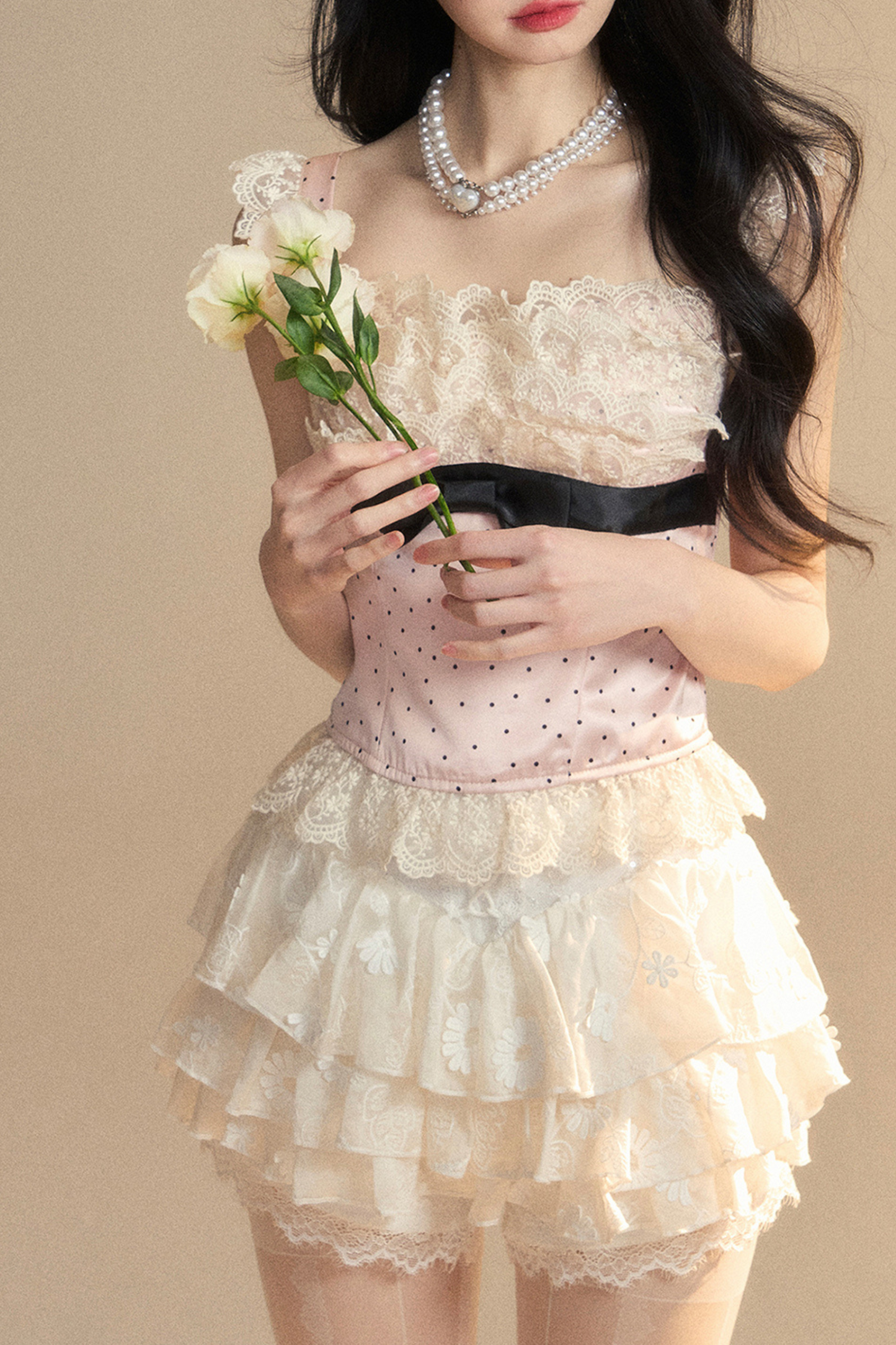 予約 トップス タイト ノースリーブ レース ドット ガーリー