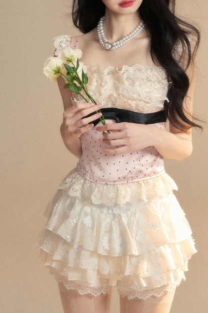 予約 トップス タイト ノースリーブ レース ドット ガーリー