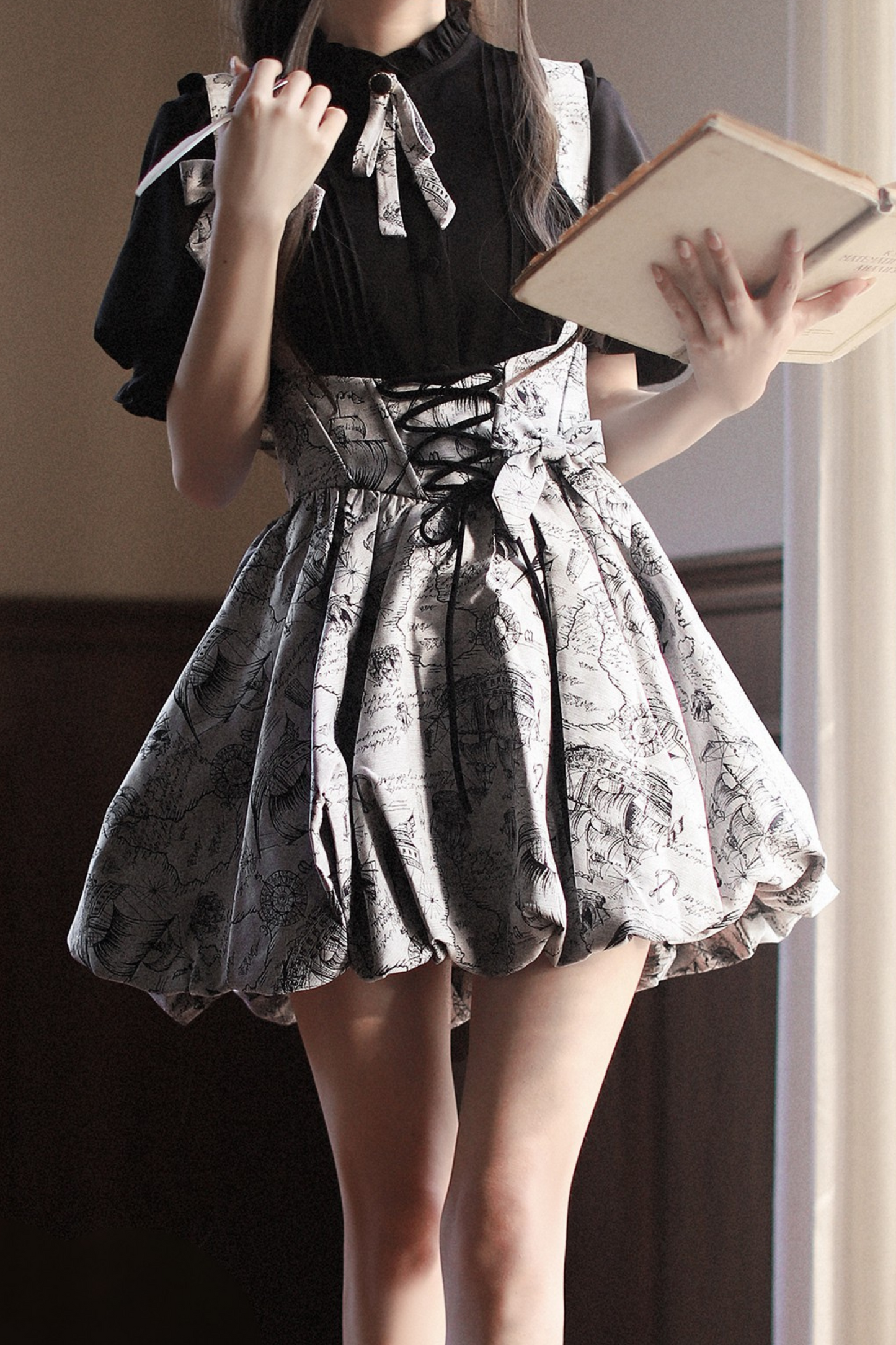 Retro Bow Ribbon Item Suspender Shirt Reserved + Tie Skirt