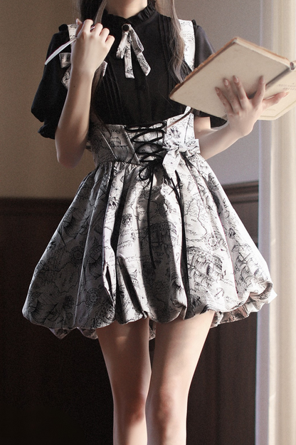 Retro Bow Ribbon Item Suspender Shirt Reserved + Tie Skirt