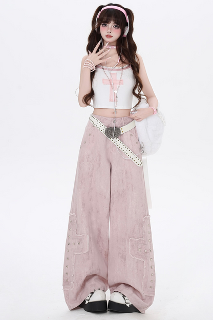 レッグハイワークウエストデニムピンクパンツストレート