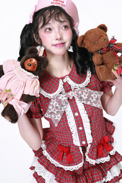 レトロトップスリーブチェックパフ