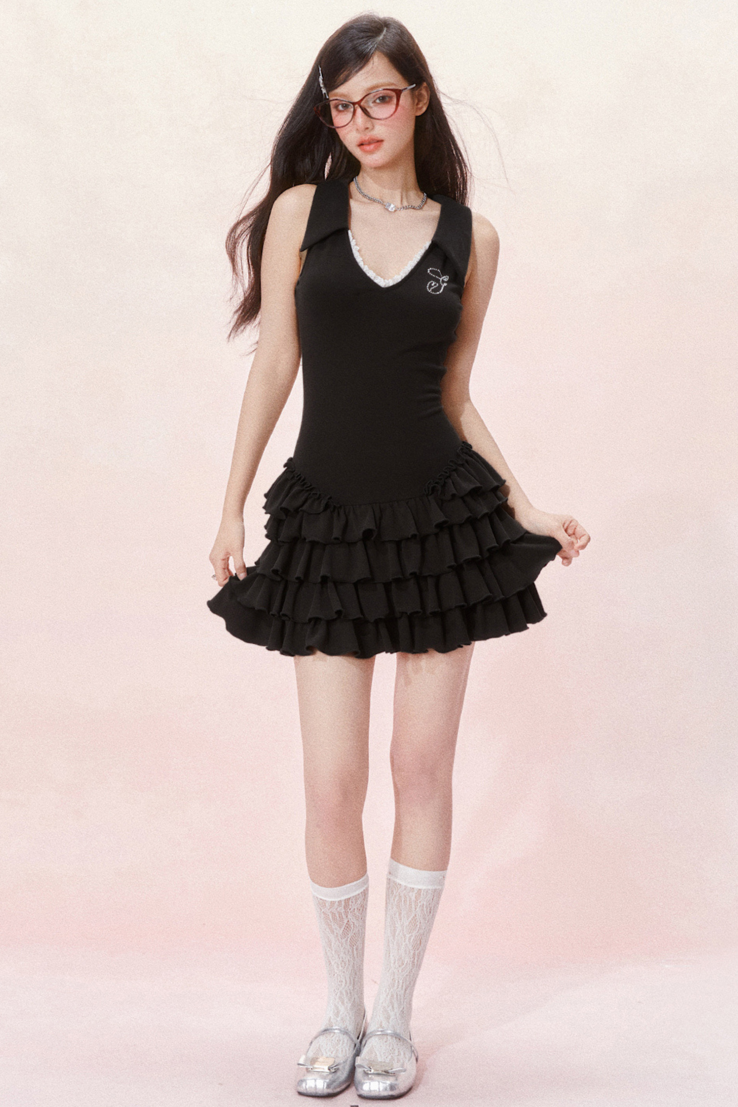 Schlankes Cake Dress Fit Ärmellos Schick Rüschen V-Ausschnitt