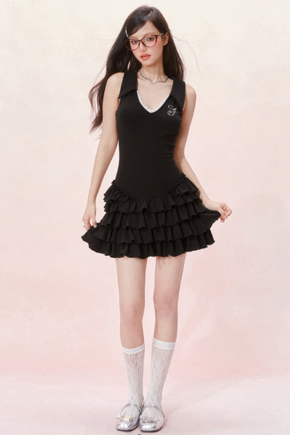 Schlankes Cake Dress Fit Ärmellos Schick Rüschen V-Ausschnitt