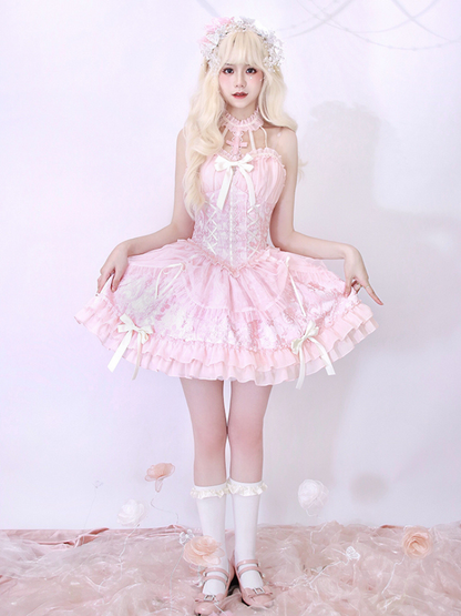 Neck Balletcore Corset Lolita Dress Pink Belle JSK Halter Cross