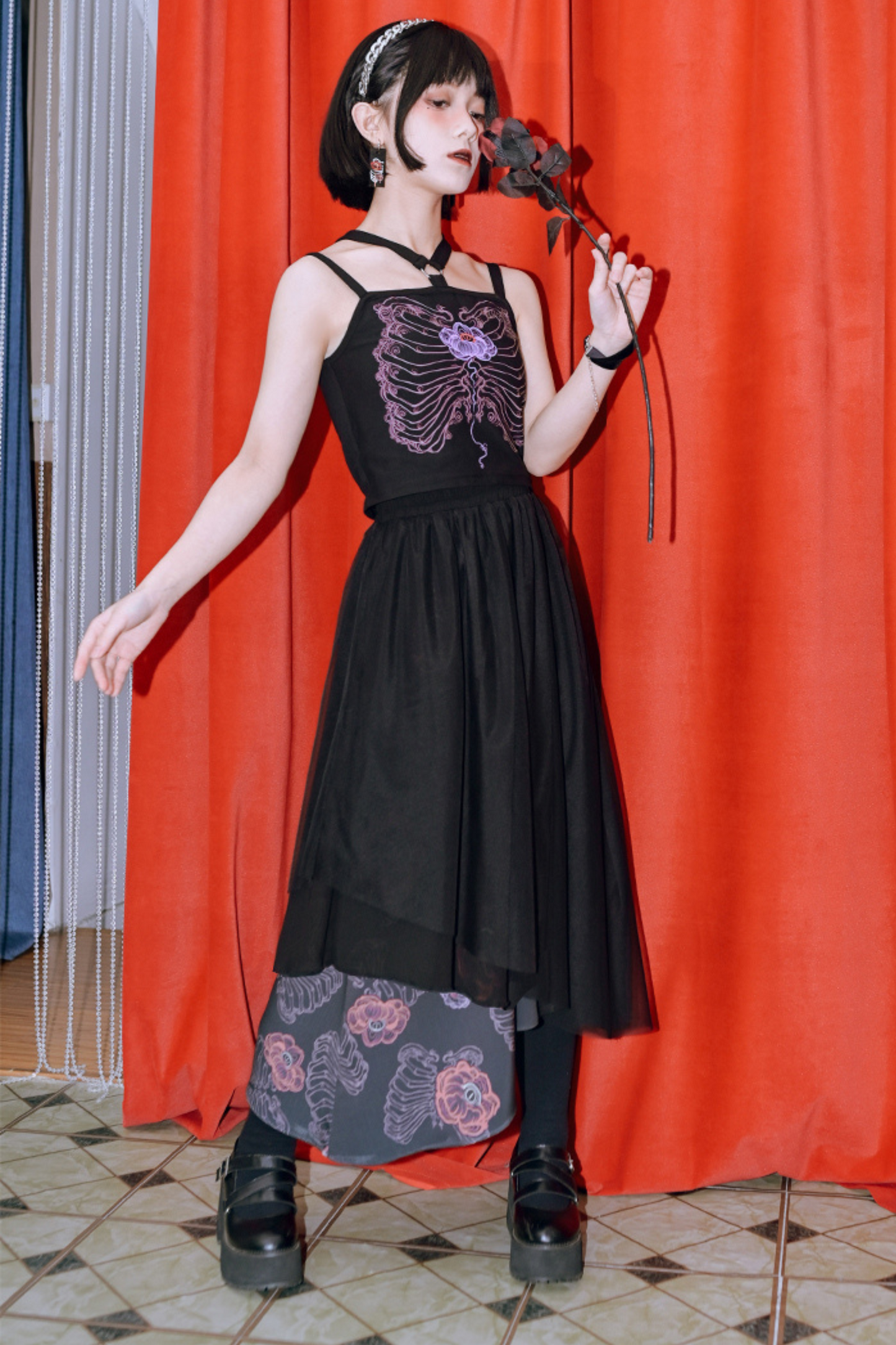 デザインアシンメトリーフローラルメッシュレイヤースカート