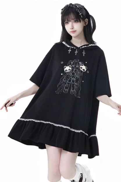 Lockere Hose, Oberteil mit Rüschen, Kapuze + Beinwärmer, Halbkleid Nektor