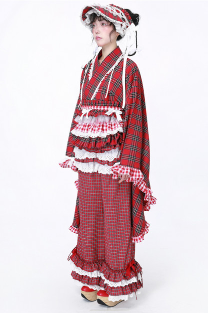 Karierte Retro-Lange Hose mit Spitzenrüschen