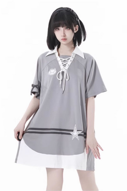 フード付きスカート レースアップトップス + ゆったりTシャツバルーン