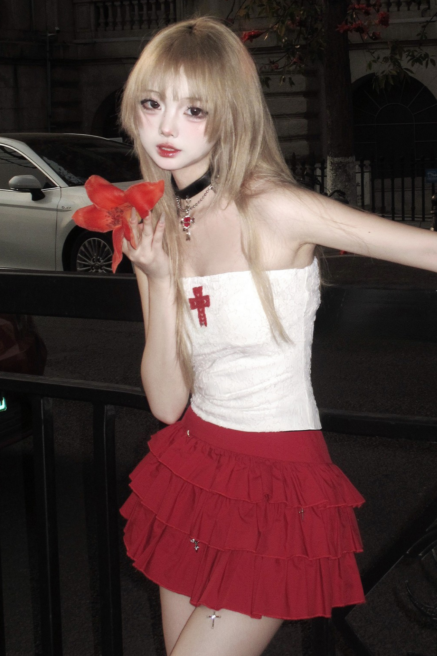 + クロスケーキフリルフーディースカートスリムフード付きトップチューブ