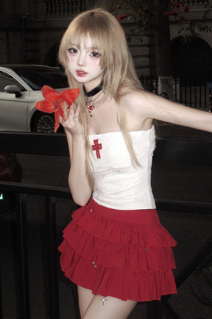 + クロスケーキフリルフーディースカートスリムフード付きトップチューブ