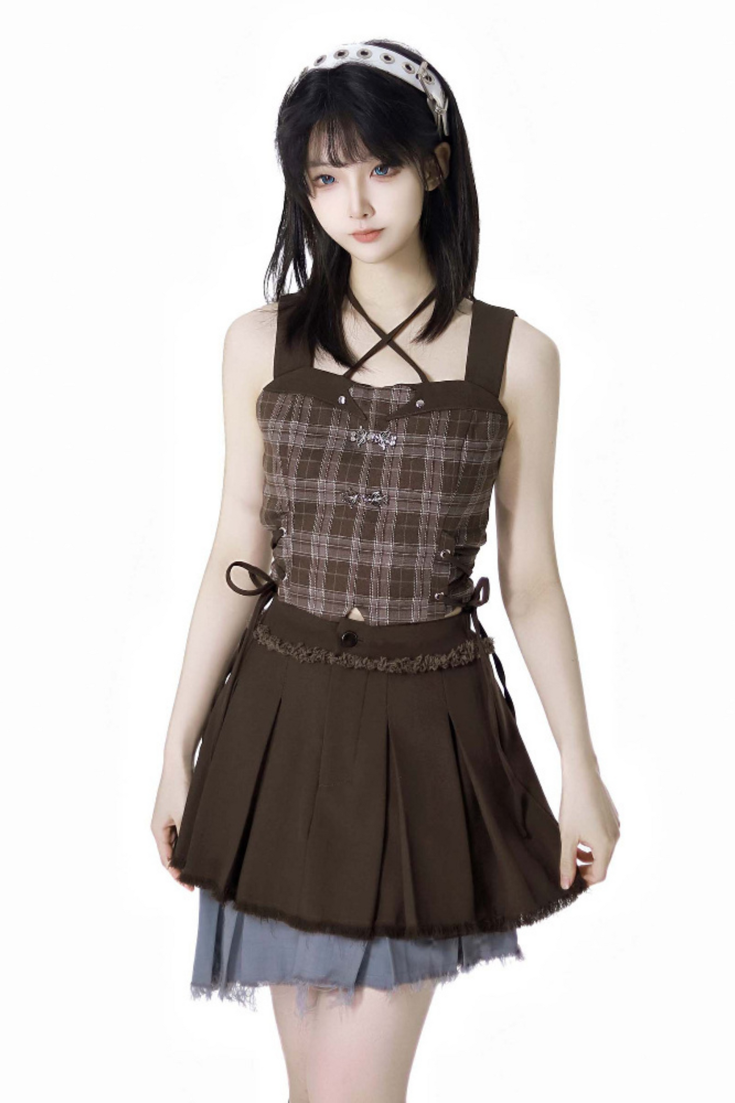 スカート + ブルーのビスチェトップ、ダークチェック、Y2K、アシンメトリー