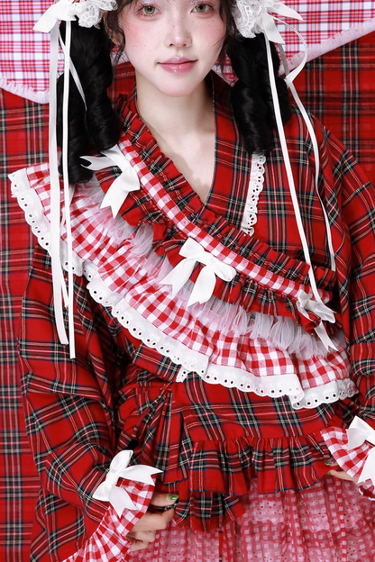 レトロチェック着物風トップス