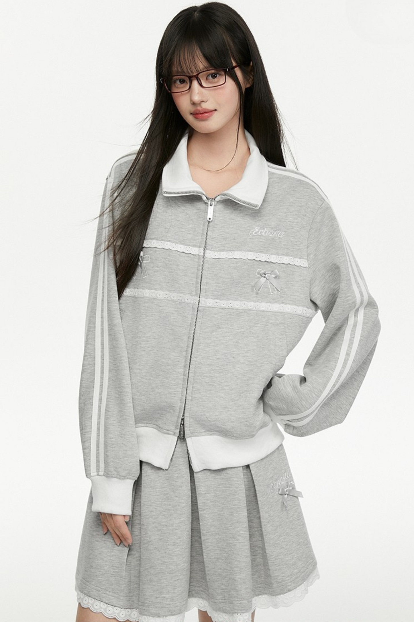 プリーツ+リボンラインスカート レースジャケット