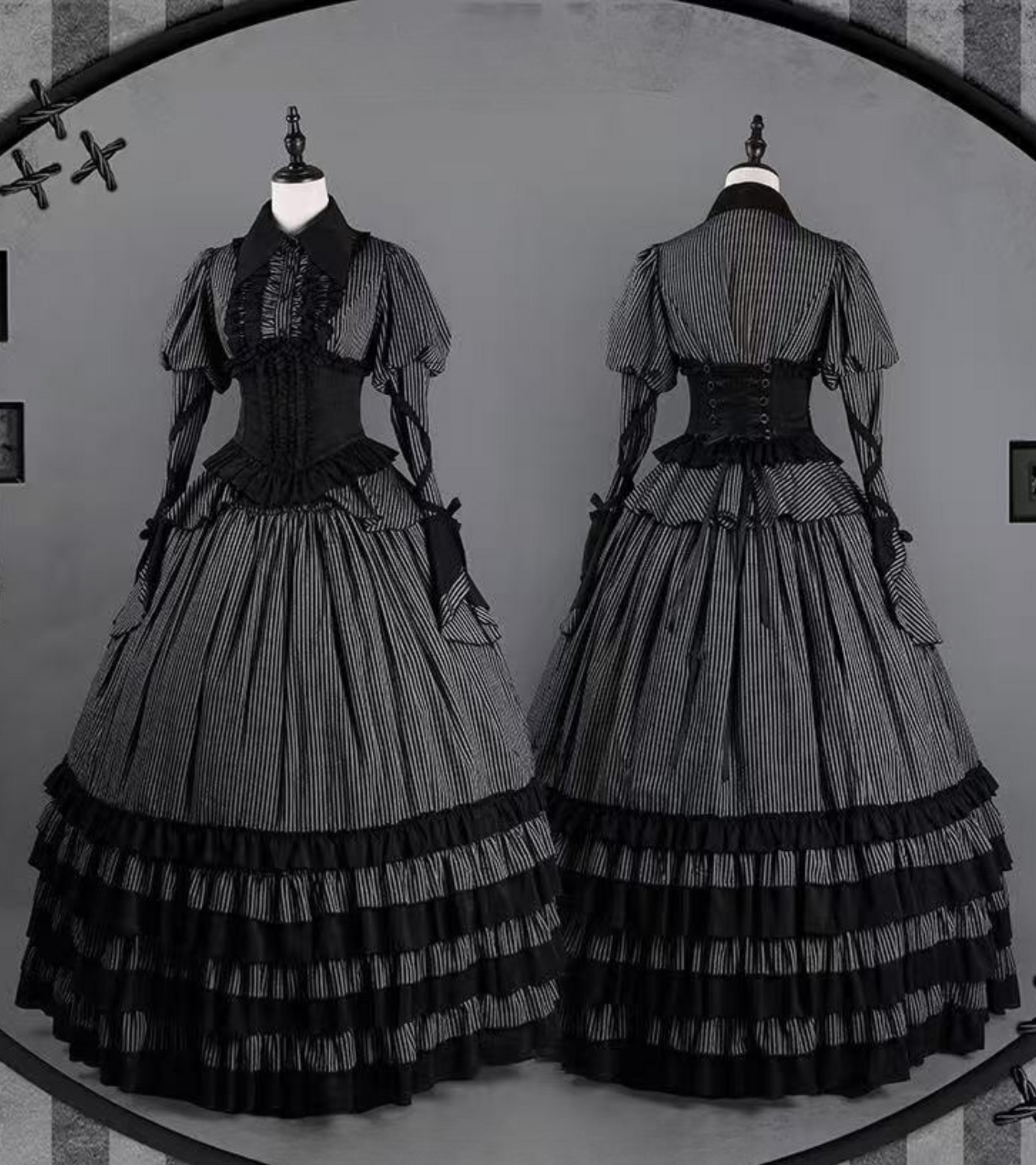 Hemd mit Zwickelärmeln + Reservierungen Rock gestreiftes Korsett Dunkel