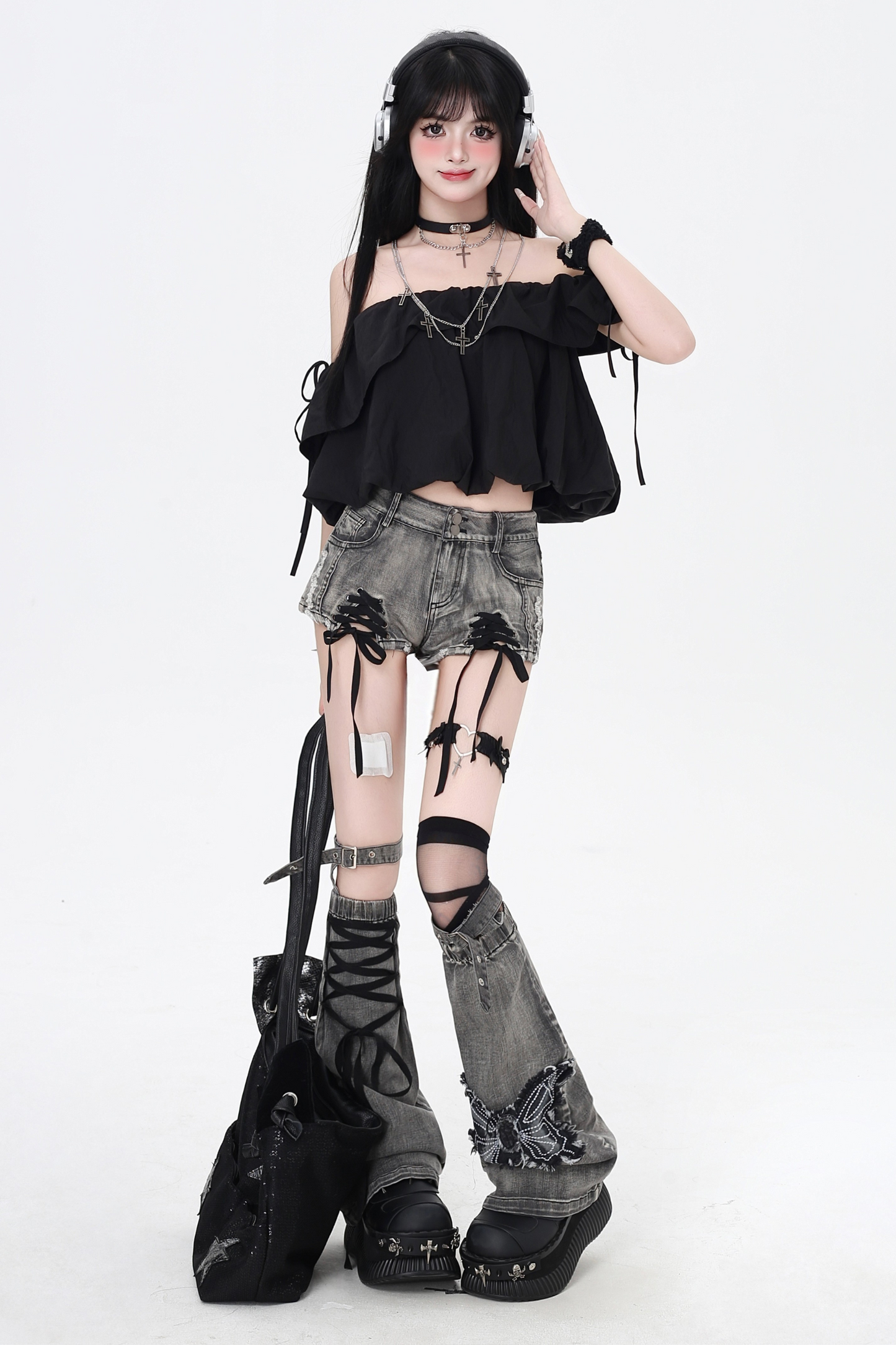 ショートパンツ カラーリボン デニム レースアップ