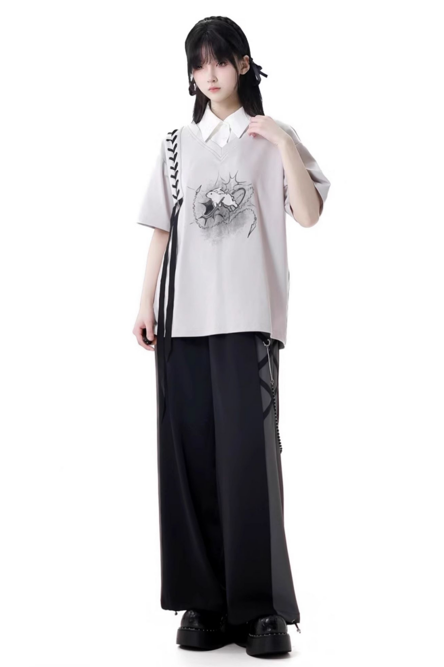 モードなトップスTシャツパンツワイド+デザインレースアップウエスト