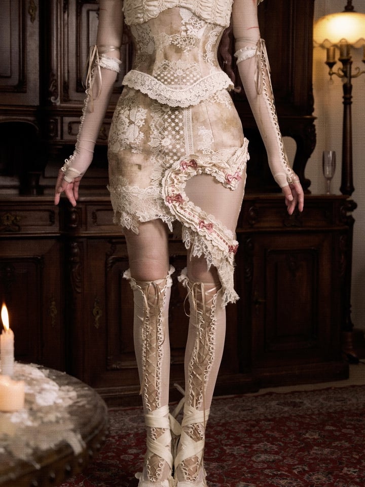 サイドレーススカートとカットアウトアクセントのリボンピンクハート型