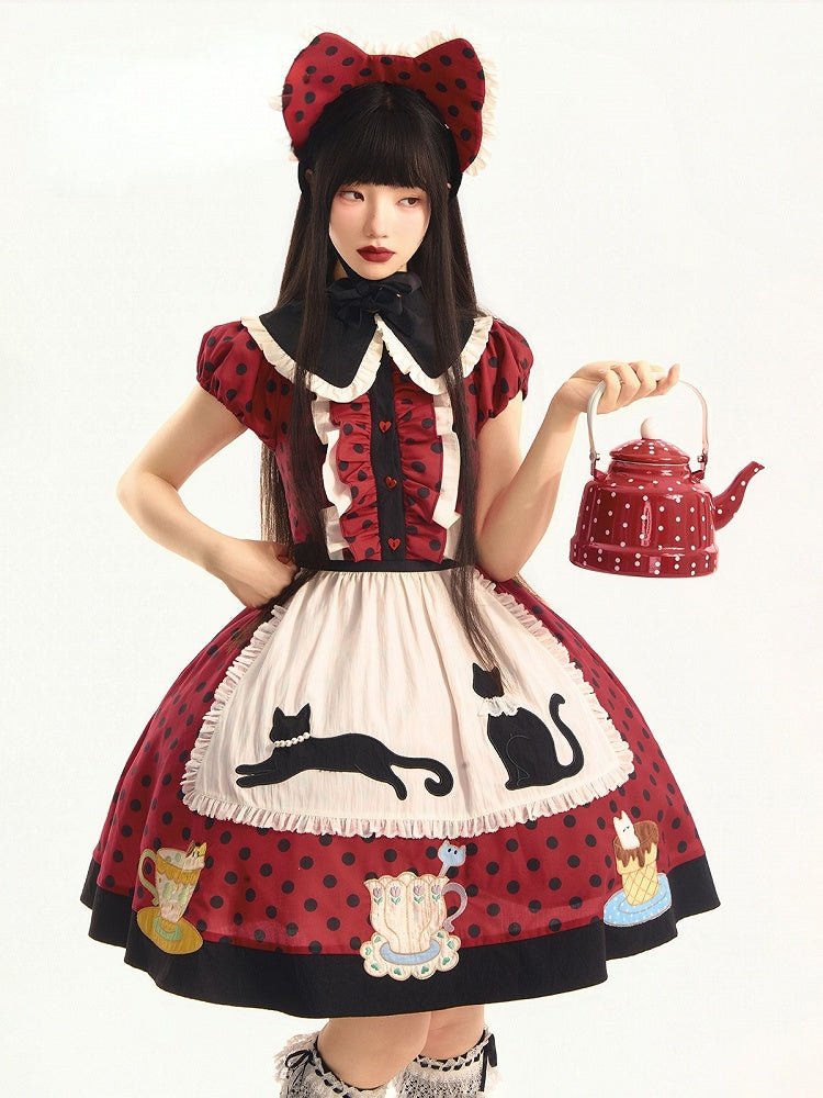 Polka Dot Red & Black Lolita Gown with Apron and Cat Motif - Rock Candy Box