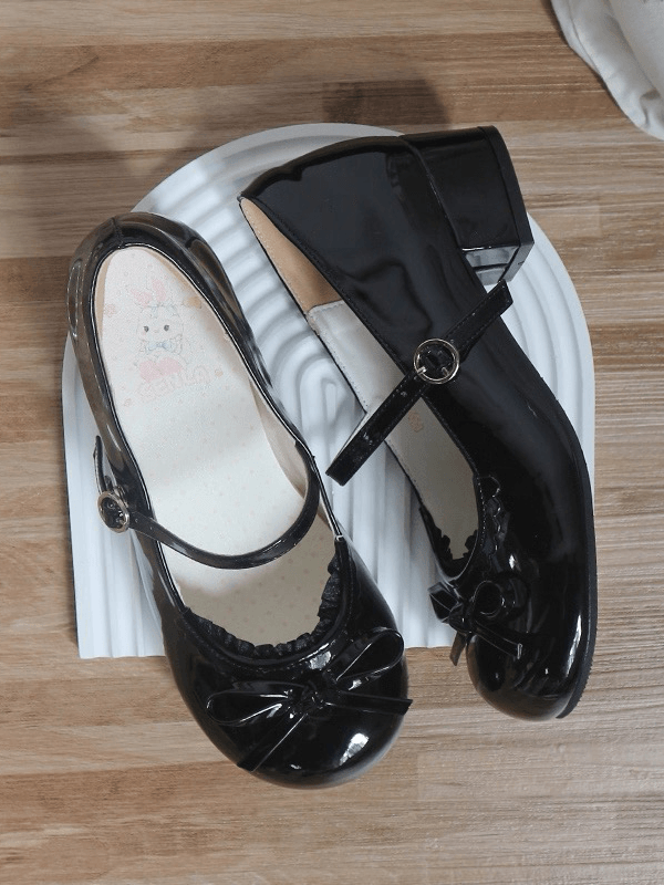 Top Mary Janes Lace Black Low-heel Trim Round Toe Circle Buckle PU Leather Bow Sweet