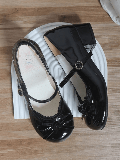 Top Mary Janes Lace Black Low-heel Trim Round Toe Circle Buckle PU Leather Bow Sweet