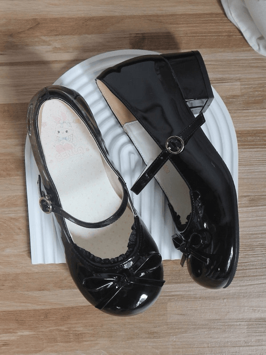 Top Mary Janes Spitze Schwarz Niedriger Absatz Besatz Runde Zehen Kreis Schnalle PU Leder Schleife Süß