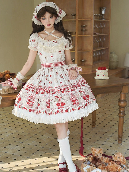 Teddy Lolita White Print Cherry Dress Sweet and Gingham Red