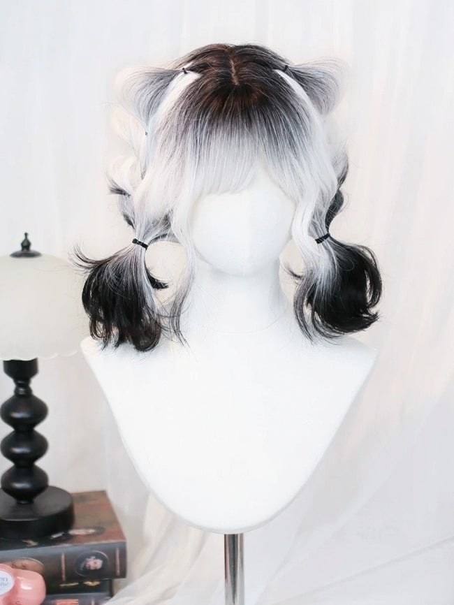 White & Black Ombre Short Curly Bang Wig - Dalao Home
