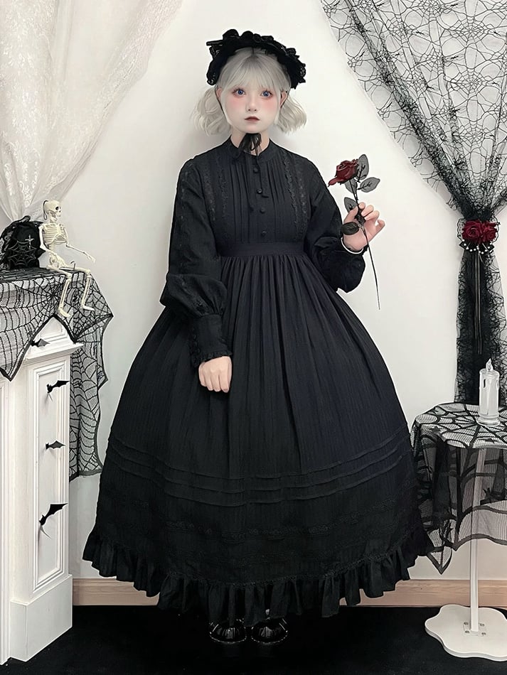 Gothic Long Sleeves Kuro Lolita Waist Black High All Dress