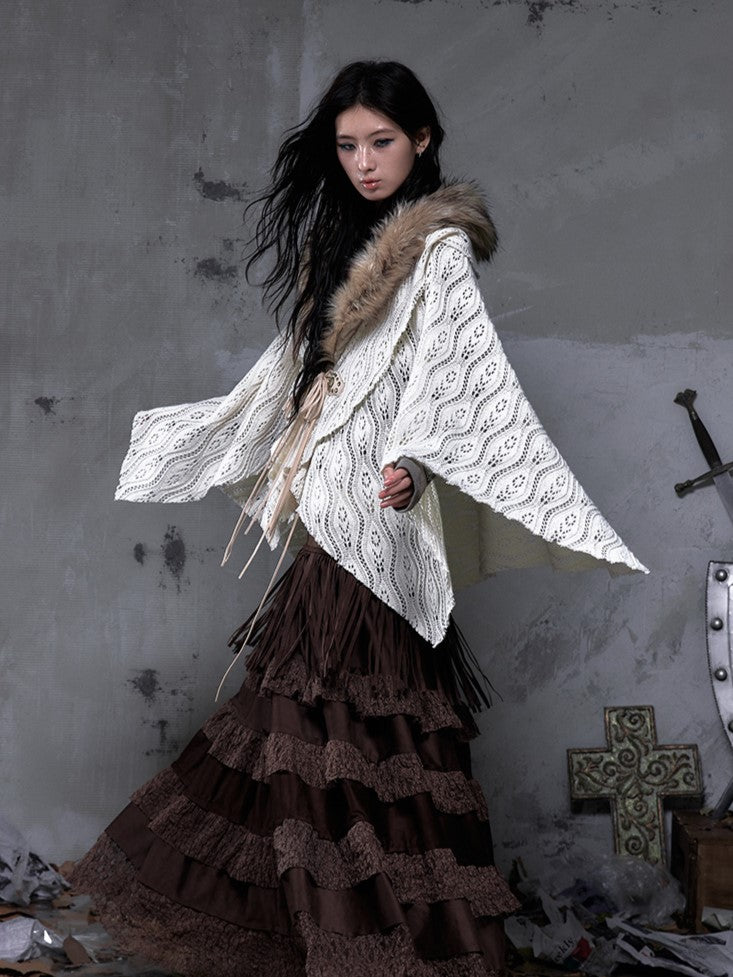 with Punk Y2K Hem Cape Collar Fur Shawl Handkerchief Knit Faux Beige Vintage