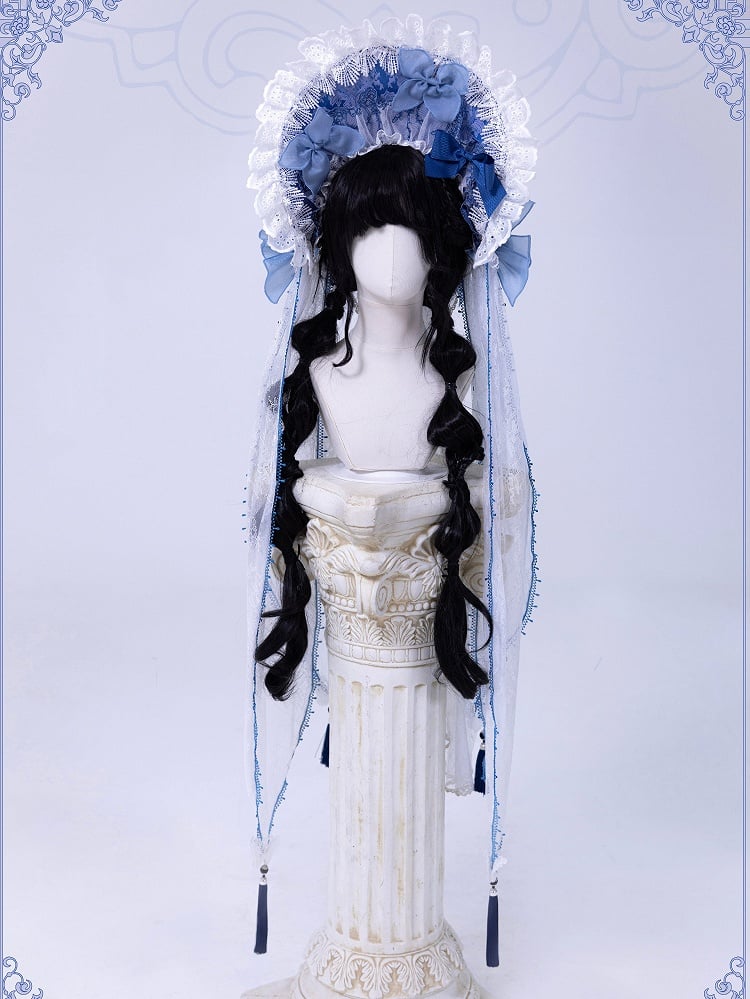 White and Blue Bonnet with Detachable Veil by Bramble Rose