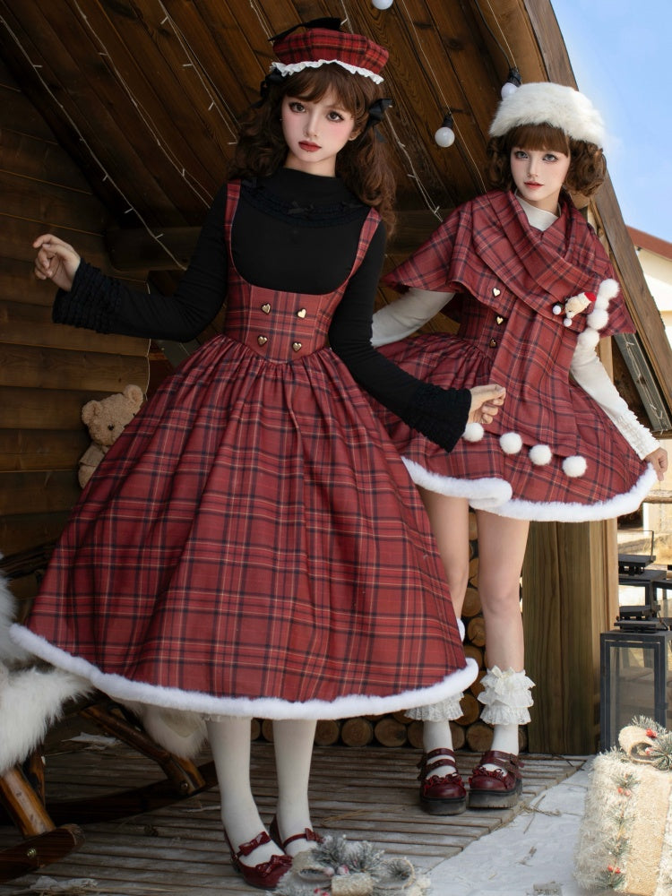 Red Plaid Pattern Under Bust Christmas Vibes Lolita Dress Boned Waist and Plush Hemline Long Version