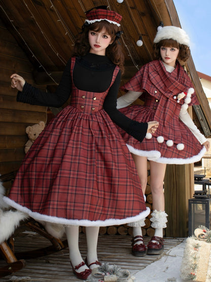 Red Plaid Pattern Under Bust Christmas Vibes Lolita Dress Boned Waist and Plush Hemline Long Version
