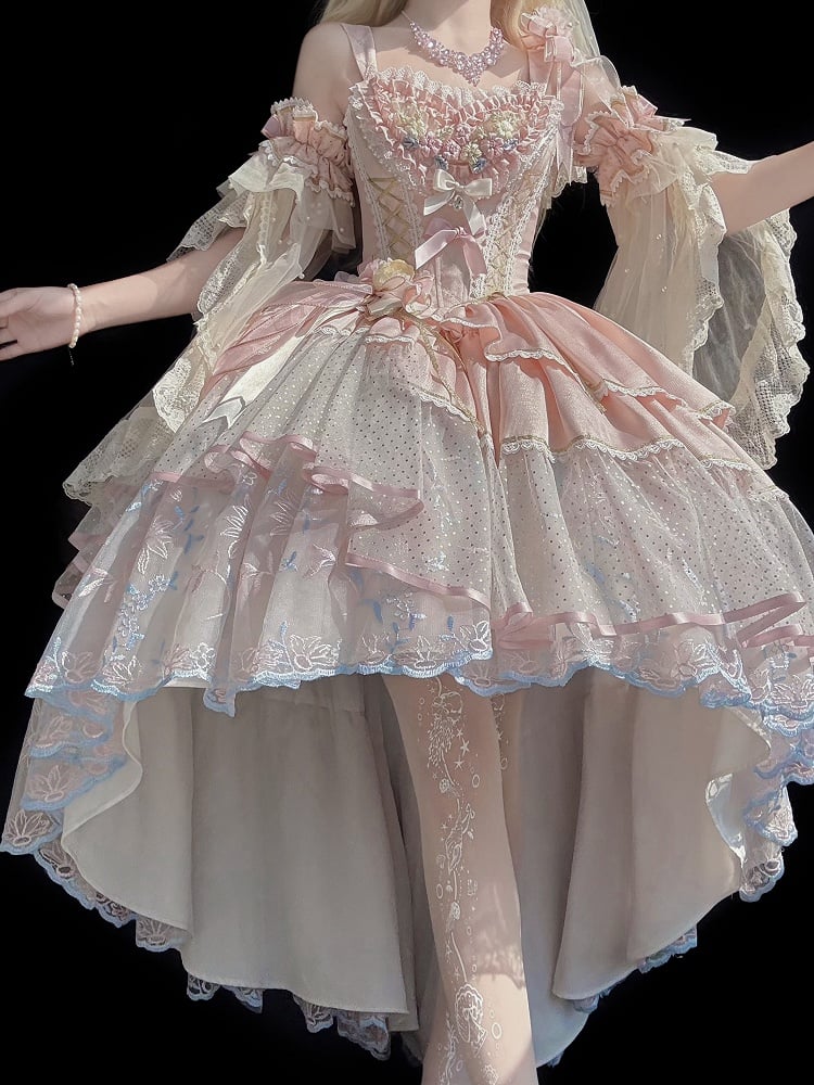 Hem Short Pink Lolita with Embroidery Version High-low Dress Corset Hanayome Floral Waist Layered