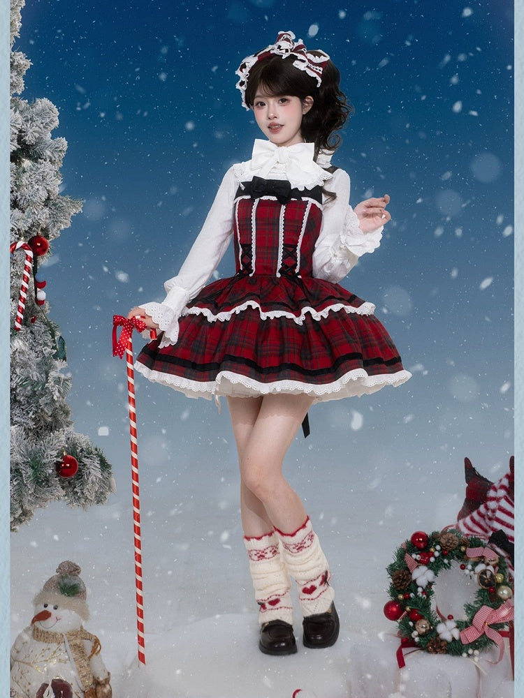 Red and Black Plaid Lace-Up Short JSK Gown with Bowknot Brooch - iris de nuit