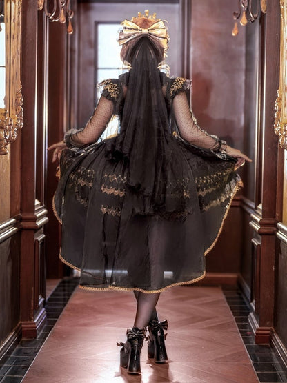 Tulle Lolita Tiered Jacquard Gorgeous with Overlay Black Gold JSK Gothic