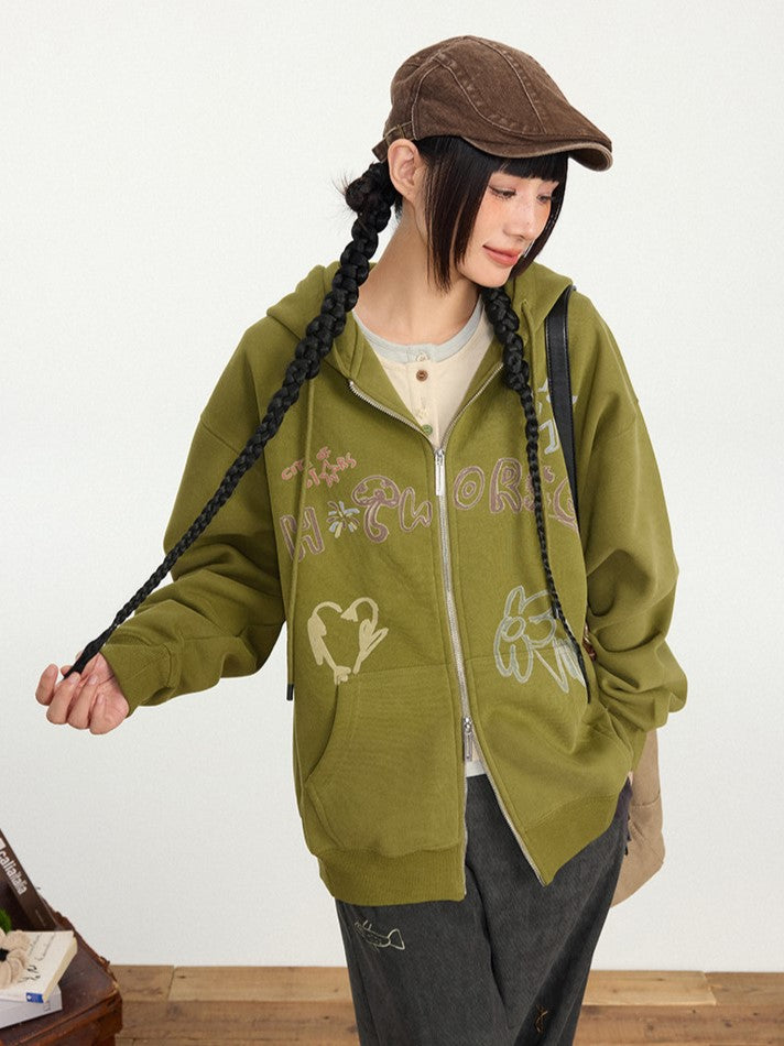 Print Zip Olive Hoodie Placket Kawaii Hood - Drawstring Green Letter Two-way