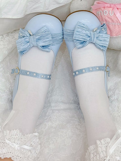 Blaue, mit Perlen verzierte Schuhe mit runder Spitze und Schleife und Herz-Licht-Lolita