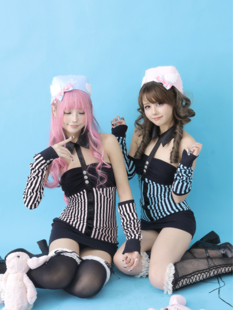 Striped Strapless Bodycon Dress with Adjustable Length and Detachable Sleeves Hime Gyaru Blue/Pink