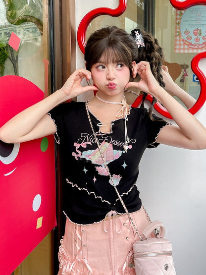 Neckline Black Cake Print Lettuce Hem Hem Pin Bow Big Details Sweet T-Shirt