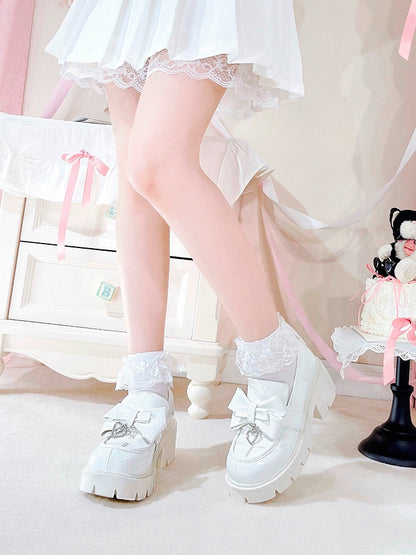 Featuring with White Kei High Bow Block Loafers Polished - Heels Charm PU Jirai Heart Slip-On