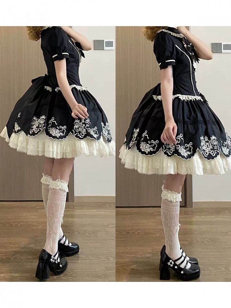 Black Old School Lolita Cotton OP Dress with Embroidered Scallop Trim Skirt - Secret Tea Party